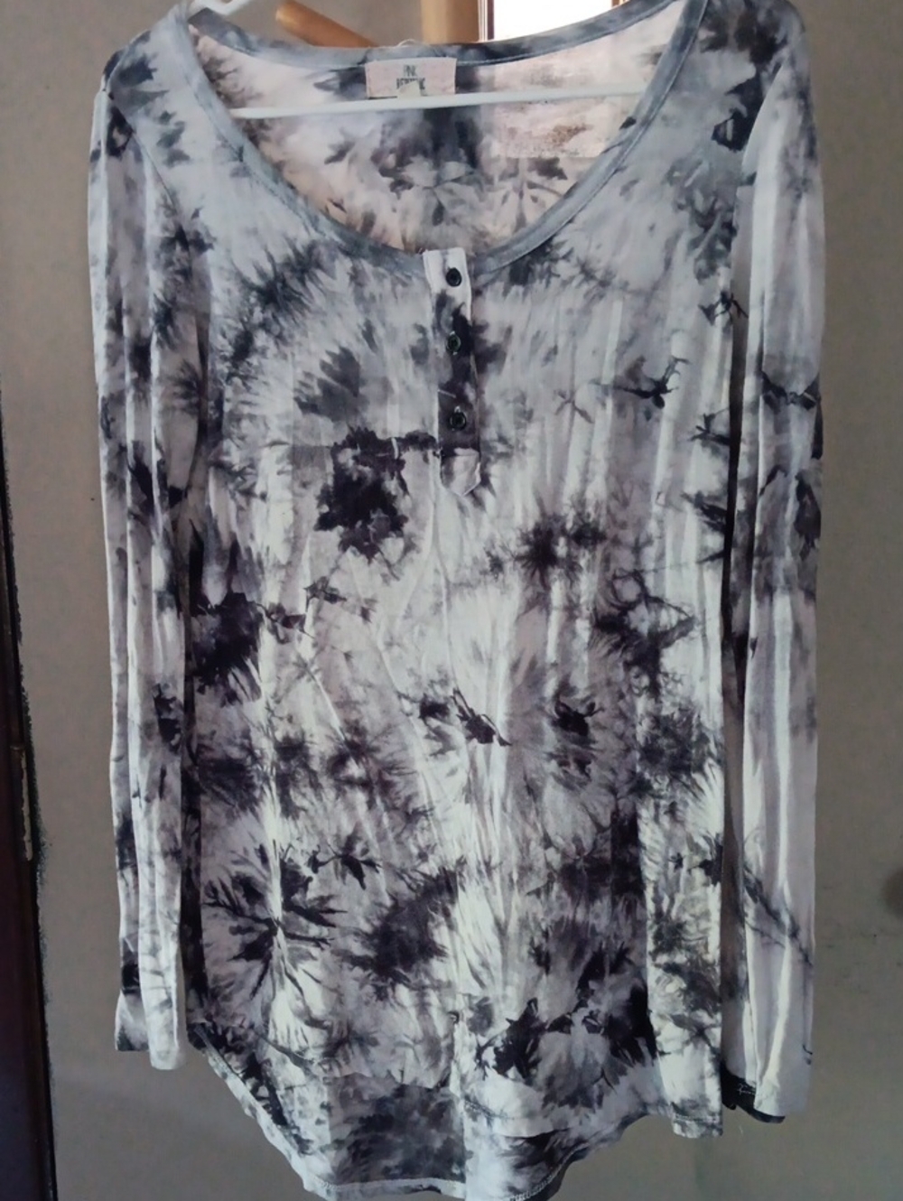Pink Republic Black & White And Grey Tie-Dye Henley Long Sleeve Top